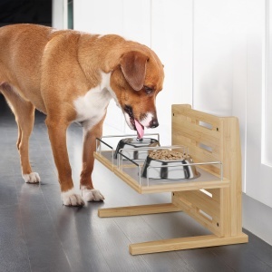 Statie de hranire pentru caini Relaxdays, din bambus, ajustabila pe 5 inaltimi, 37x55x36 cm - Img 2
