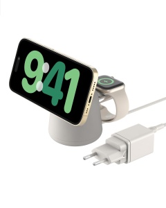 Statie de incarcare wireless Belkin BoostCharge Pro 2-in-1, 15 W, bej
