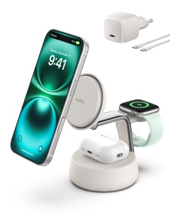 Statie de incarcare wireless Belkin UltraCharge Pro Qi2.2, 25W, 3 in 1, culoare sand