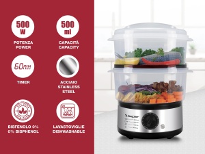 Steamer Beper 5L, 400-500W, Timer 60 minute, Argintiu si Negru - Img 2