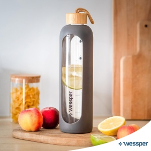 Sticla de apa Wessper ActiveMax 1L din sticla borosilicata, gri, cu capac din bambus - Img 9