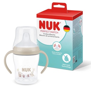 Sticla de invatare NUK Perfect Match, 150 ml, cu manere anti-alunecare, model Maimuta