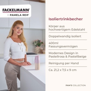 Sticla termica FACKELMANN x Pamela Reif 400 ml, inox si silicon, roz - Img 3