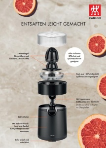 Storcator electric de citrice ZWILLING ENFINIGY cu putere mare de suc, 2 conuri de presare, filtru reglabil pentru pulpa, 85 wati, negru - Img 2