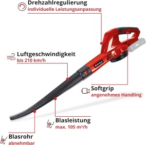 Suflanta de frunze cu acumulator Einhell GC-CL 18 Li E Solo Power X-Change (18 V, viteza aerului de 210 km/h, usoara si puternica, control al vitezei, prindere moale, fara baterie) - Img 3