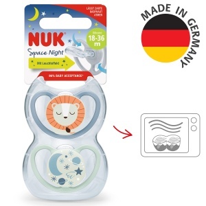 Suzeta de noapte NUK Space | 18-36 luni | Suzeta cu orificii de aerisire foarte mari, straluceste in intuneric | Silicon fara BPA | Vulpe si Buburuza | 2 bucati - Img 7