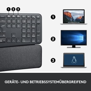 Tastatura ergonomica fara fir Logitech ERGO K860 - Tastatura divizata, suport pentru incheietura mainii, tastare naturala, rezistent la pete, conectivitate Bluetooth si USB, pentru Windows/Mac - Grafit - Img 10