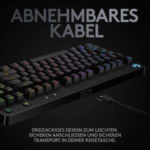 Tastatura mecanica pentru jocuri Logitech G PRO - Design portabil Tenkeyless, cablu micro USB detasabil, comutatoare GX Blue Clicky, taste iluminate din spate LIGHTSYNC RGB, QWERTZ GERMANA, PC, Mac - negru - Img 6