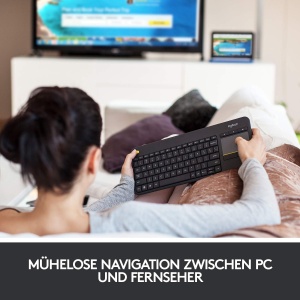 Tastatura TV tactila fara fir Logitech K400 Plus cu touchpad incorporat, Tastatura HTPC pentru PC-uri conectate la televizor, Windows, Android, Chrome OS, laptop, aspect QWERTZ german - Negru - Img 2