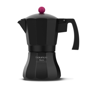 Taurus Black Moments 6 - Aparat de cafea italian | 6 cani | Podea si filtru din otel inoxidabil | Supapa de siguranta | Garnitura din silicon | Pentru toate tipurile de sobe | capac transparent | Negru