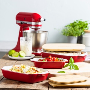 Tava de copt KitchenAid din ceramica cu capac din bambus, 20 cm, rosu - Img 8