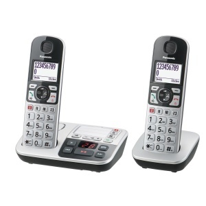 Telefon fix wireless Panasonic KX-TGE522GS, pentru seniori, cu functie SOS, 2 receptoare, negru-argintiu
