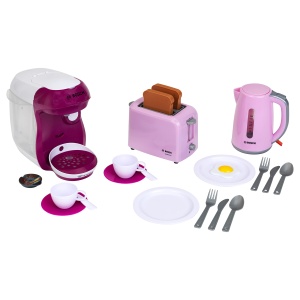 Theo Klein 9597 Bosch Set mic dejun I Set accesorii de bucatarie roz cu prajitor de paine, aparat de cafea si ceainic I cu vesela, tacamuri si oua fals I Jucarii pentru copii de la 3 ani