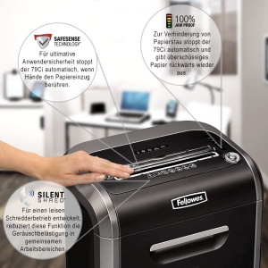 Tocator de hartie Fellowes cu 16 coli, taiat particule (P4) pentru birou, Powershred 79Ci, cu tehnologie 100% fara blocaj, Safesense, sistem de economisire a energiei, cos de reciclare de 23 litri, tocator CD - Img 5