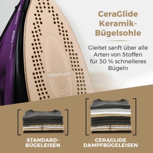 Tower T22008 Fier de calcat cu abur fara fir CeraGlide cu talpa ceramica - Fier de calcat cu abur cu functie variabila de abur, violet - Img 4