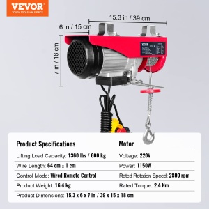 Troliu electric VEVOR 1150W 600kg cu telecomanda cablu 12m viteza 10mmin - Img 7