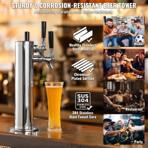 Turn de distribuire a berii VEVOR cu 3 robinete, turn de butoaie de bere din otel inoxidabil, kit turn Kegerator cu furtunuri preasamblate si robinete cu inchidere automata pentru petreceri, baruri, pub-uri si restaurante - Img 5