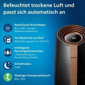 Umidificator Philips 3000, 45 m2, cu 99,97% mai putine bacterii cu NanoCloud, 300 ml/h, 3 viteze, mod de repaus, ultra-silentios (33 dB), senzor de umiditate, cronometru, rezervor de 3L, negru (HU3918/10) - Img 3