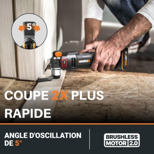 Unealta multifunctionala fara fir WORX, fara perii, 20 V, WX698, diverse materiale, montare universala, livrata cu 2 lame, 1 talpa de slefuire, 20 hartii taiate, 1 baterie 2 Ah si - Img 3