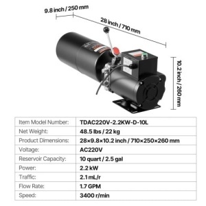 Unitate de alimentare cu pompă hidraulică VEVOR, AC 220V, unitate hidraulică cu acțiune simplă de 10 litri, debit de ulei de 6,3 l/min, presiune maximă de refulare 22 MPa pentru basculantă, garaj auto, platforme de ridicare auto, negru - Img 4