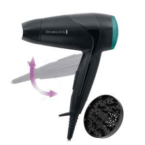 Uscator de par Remington [mic, pliabil si puternic] On The Go (2000 W, reglare a tensiunii la nivel mondial 120/220-240V, duza de coafare si difuzor, 2 setari combinate de incalzire si suflanta) Uscator de par de calatorie D1500