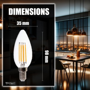 V-TAC 6x Bec LED Filament Lumanare E14 4W (echivalent cu 35W) - Alb cald 400 lumeni - Pachet de 6 - Eficienta maxima - Decorare filament - Becuri LED - Bec cu economie de energie - 3000K - Img 6