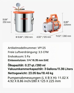 Vakuum Camera VEVOR VP125, 11,36 L, 99 Lmin, Inox, Cu Pompa - Img 7