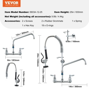 Vevor Robinet Comercial 5803A-12-25 Cu Montare pe Perete Brat Rotativ si Dus Extractibil - Img 7