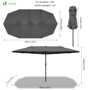 VOUNOT Umbrela dubla cu manivela, umbrela de soare de piata umbrela de gradina umbrela de soare de terasa, protectie solara, 460 x 270 cm, gri - Img 2
