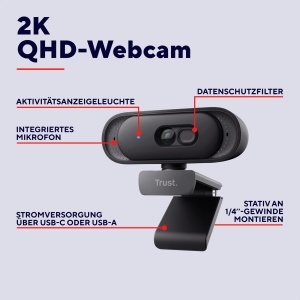 Webcam 2K QHD Trust Ovala cu Microfon, Negru, Filtu de Protectie - Img 2