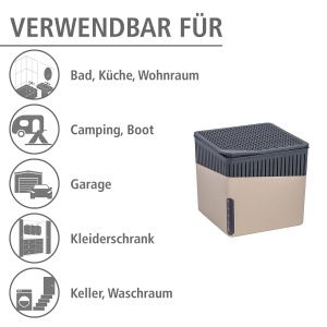 WENKO Dezumidificator de camera Mod. Cube, dezumidificator reduce mucegaiul si mirosurile, tava de scurgere cu bloc de granule de 1 kg reincarcabil, retine pana la 1,6 l de umiditate, 16,5 x 15,7 x 16,5 cm, bej - Img 4