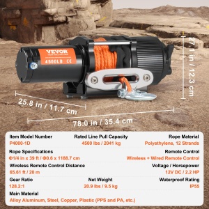 Winch Electric VEVOR P4000-1D, Capacitate 2041 kg, Motor 12V DC, IP55 - Img 7