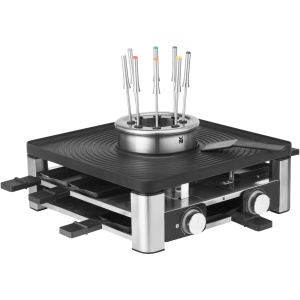 WMF Lumero 3in1 Gourmet Station pentru 8 persoane, combo fondue raclette, electric, control temperatura, iluminare, 1800 wati, economie de spatiu, otel inoxidabil mat - Img 1