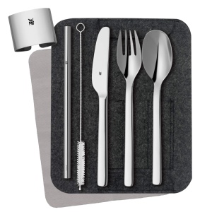 WMF my2Go, Otel inoxidabil, Set tacamuri 8 piese, Set tacamuri de calatorie in aer liber 1 persoana, Tacamuri de camping cu carcasa, Tacamuri de drumetie ecologice, paie, perie de curatare, accesorii de camping cadou - Img 4