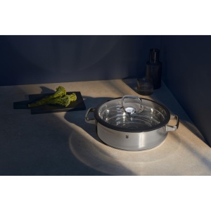 WMF Vitalis Aroma Steamer 28 cm, Oala cu aburi, Prajitor rotund 5.0l, Oala cu aburi, Capac din sticla cu margine din silicon, Termometru de gatit, Tava de gatit, Cromargan din otel inoxidabil neacoperit, rezistent la cuptor - Img 2