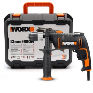 WORX WX317.2 Masina de gaurit cu percutie profesionala cu 600W pentru lucrari de gaurire in lemn, beton si otel - cu reglare continua a vitezei si mandrina fara cheie
