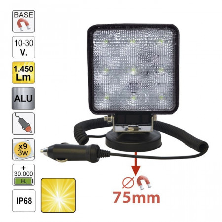 Proiector de lucru cu led, patrat, lumina difuza, baza magnetica