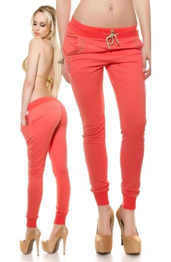Pantaloni Sport cu Elastic in Talie si Pietre Decorative pe Buzunare