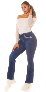 Blugi damă albastru închis cu pietre strass decorative – talie medie, croială bootcut - Img 12