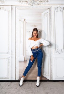 Blugi damă talie înaltă cu elastic și lanț decorativ – Croi conic, Bleumarin - Img 9