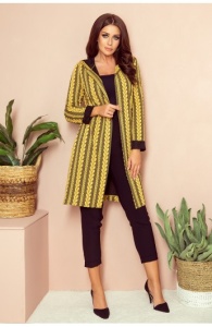 Cardigan damă elegant mustar cu glugă și buzunare, imprimeu modern – casual chic - Img 3