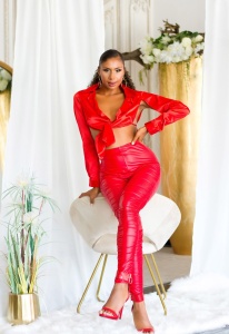 Colanți damă latex look lucioși, talie înaltă, efect push-up, roșu / negru / alb - Img 6