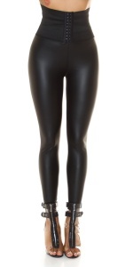 Colanți damă tip piele, talie înaltă, modelatori, cu închidere tip corset – efect push-up, negru - Img 2