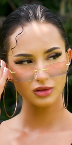 Ochelari de soare fără ramă pentru damă, lentile colorate degrade, design modern minimalist - Img 12