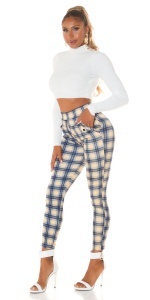 Pantaloni damă cu talie înaltă, model carouri albastru-bej, croială mulată, stil casual-elegant - Img 3