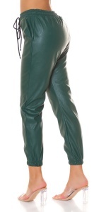 Pantaloni damă tip jogger din piele ecologică verde, talie elastică cu șnur, croială modernă - Img 2