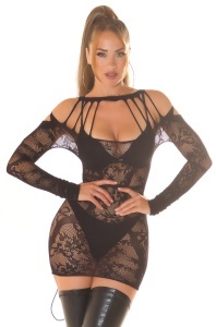 Rochie mini sexy din dantelă neagră transparentă cu umeri decupați și mâneci lungi – outfit club & party - Img 6