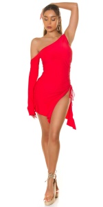 Rochie scurtă damă asimetrică cu un umăr și șnur reglabil, model mulat sexy – Alb/Roșu - Img 2