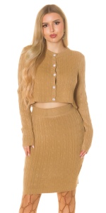 Set tricotat damă 2 piese – cardigan crop cu nasturi și fustă midi, model torsade - Img 8