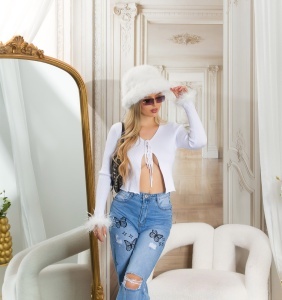Cardigan damă scurt cu șnur decorativ și manșete cu pene – elegant & trendy - Img 11